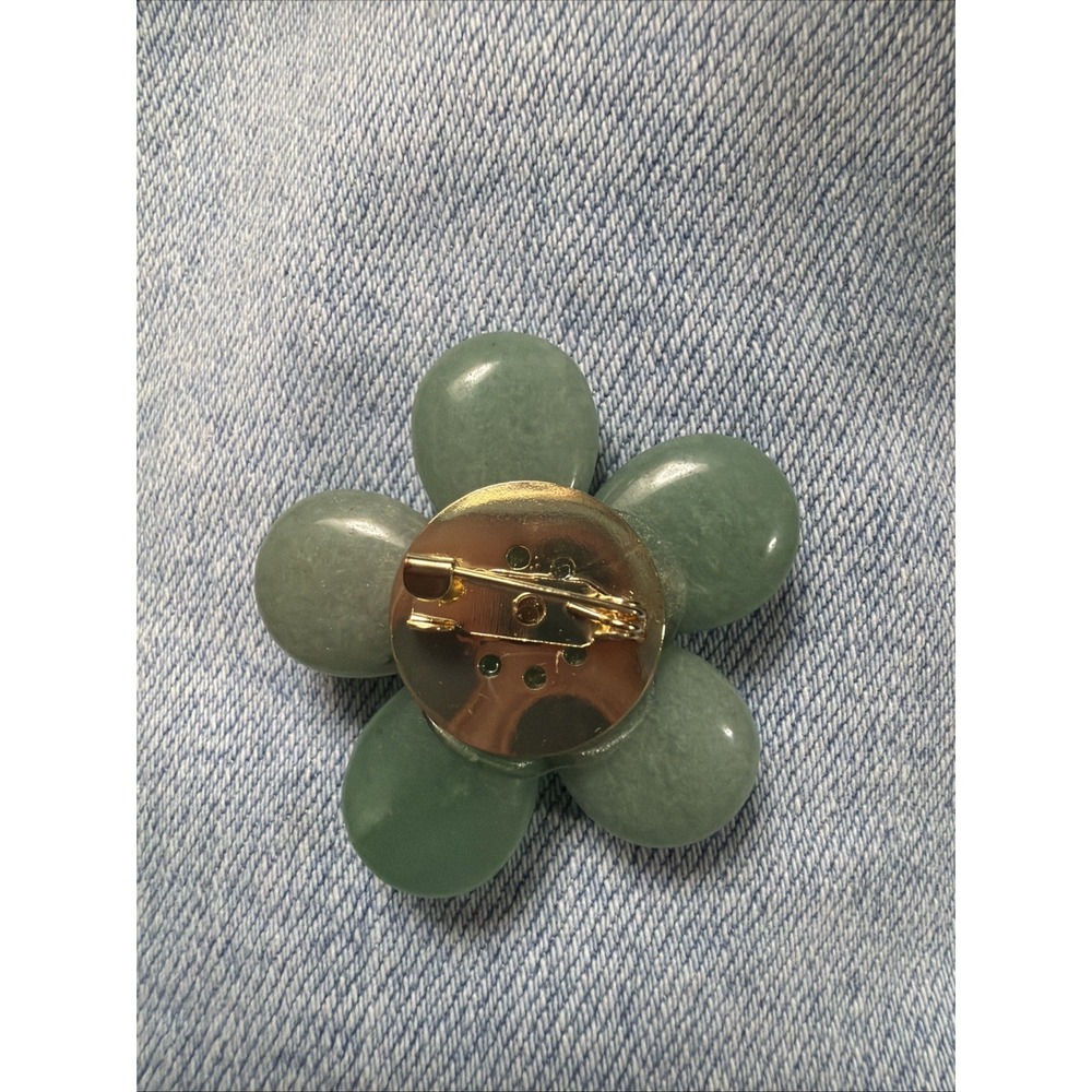 Jade Flower Brooch Pin Faux Pearl‎ Gold Tone - Picture 2 of 3
